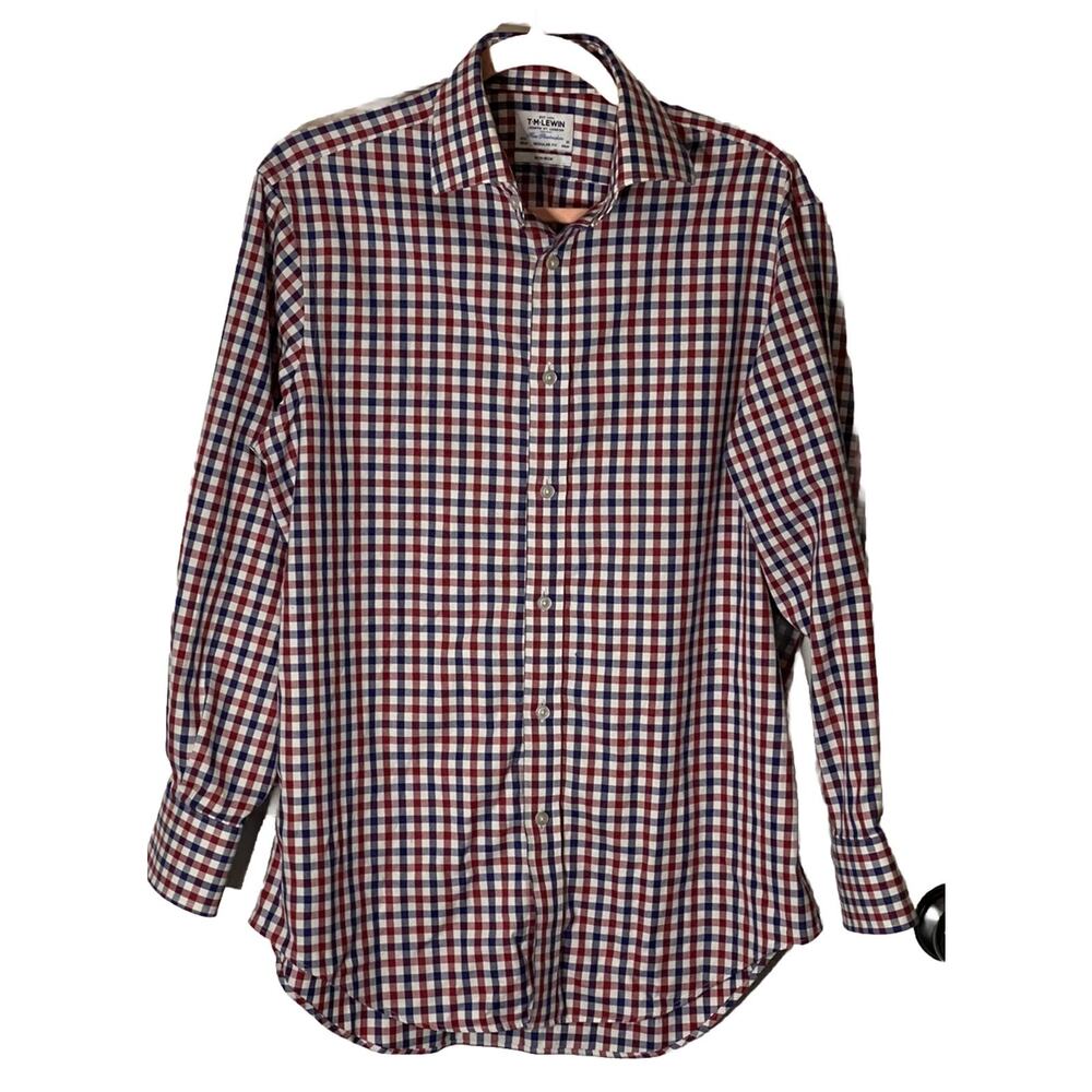 TM Lewin Dress Shirt 15.5 33 Regular Fit Non‎ Iron Red White Blue Flaw Holiday